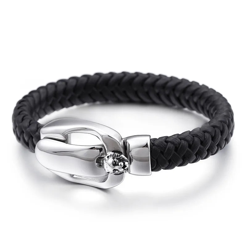 Men's Braided PU Leather Bracelet – Retro Black with Lion Head Clasp