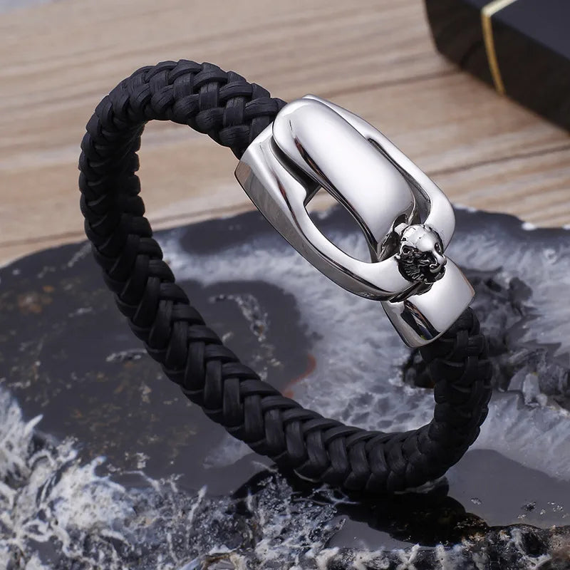Men's Braided PU Leather Bracelet – Retro Black with Lion Head Clasp