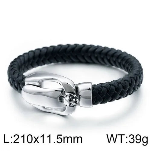 Men's Braided PU Leather Bracelet – Retro Black with Lion Head Clasp