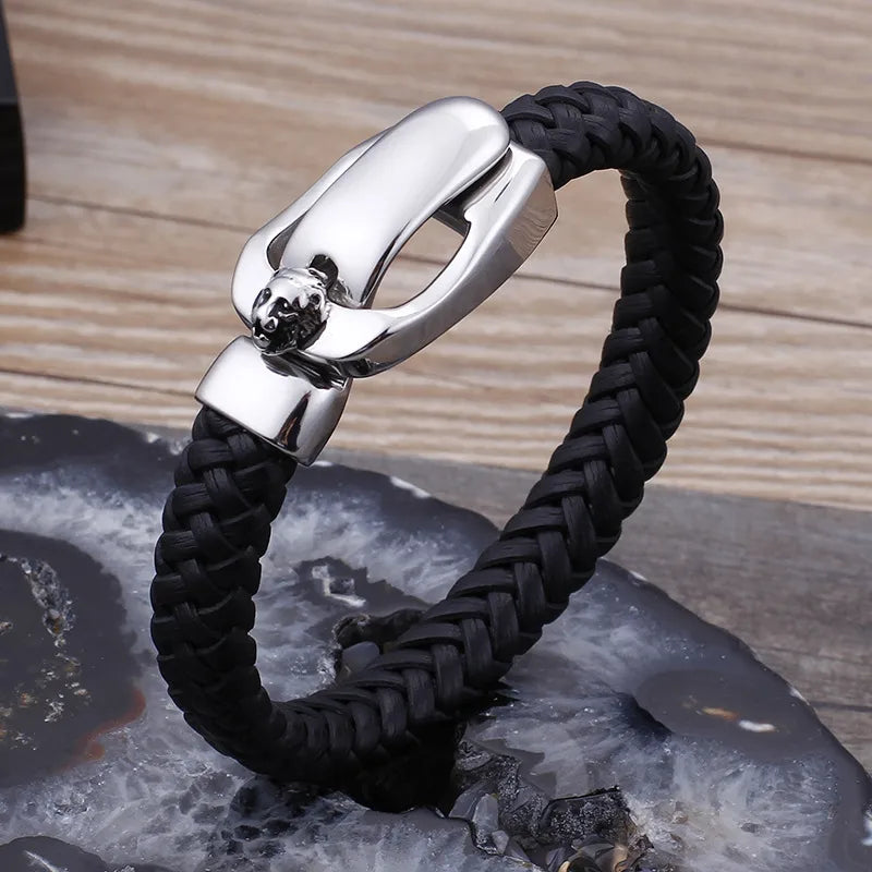 Men's Braided PU Leather Bracelet – Retro Black with Lion Head Clasp