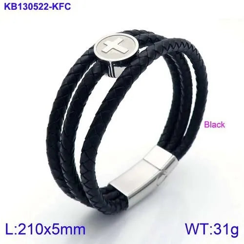 Black Braided Leather Cross Bracelet for Men – Titanium Steel Magnetic Clasp