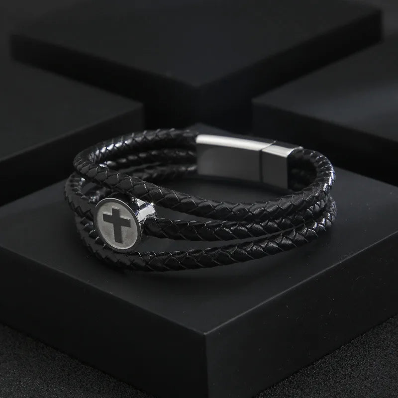 Black Braided Leather Cross Bracelet for Men – Titanium Steel Magnetic Clasp