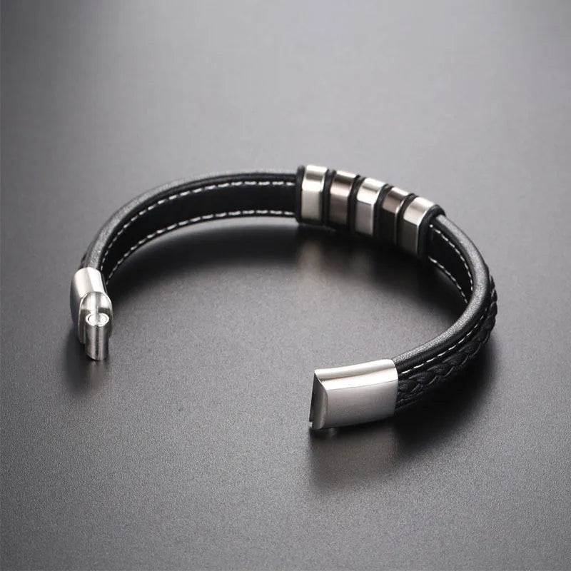 Men’s Black Braided Leather Bracelet with Stainless Steel Accents – 304 Steel Magnetic Clasp