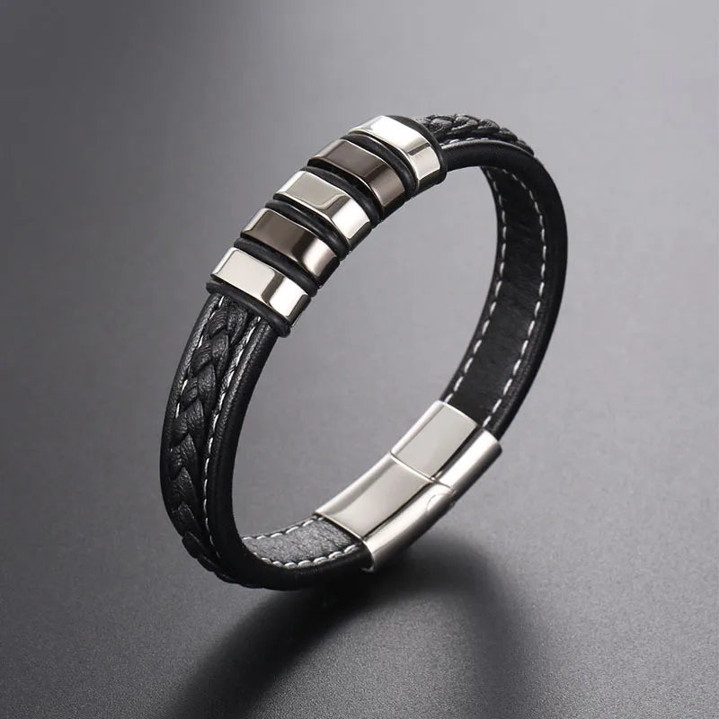 Men’s Black Braided Leather Bracelet with Stainless Steel Accents – 304 Steel Magnetic Clasp