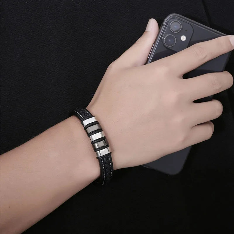 Men’s Black Braided Leather Bracelet with Stainless Steel Accents – 304 Steel Magnetic Clasp
