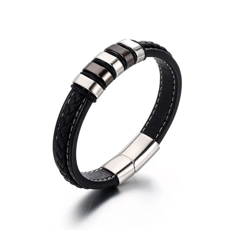 Men’s Black Braided Leather Bracelet with Stainless Steel Accents – 304 Steel Magnetic Clasp