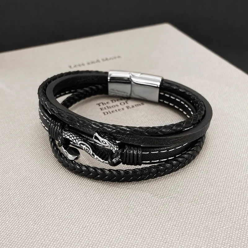 Multi-Layer Black Leather Snake Bracelet for Men – Magnetic Stainless Steel Clasp – 21cm