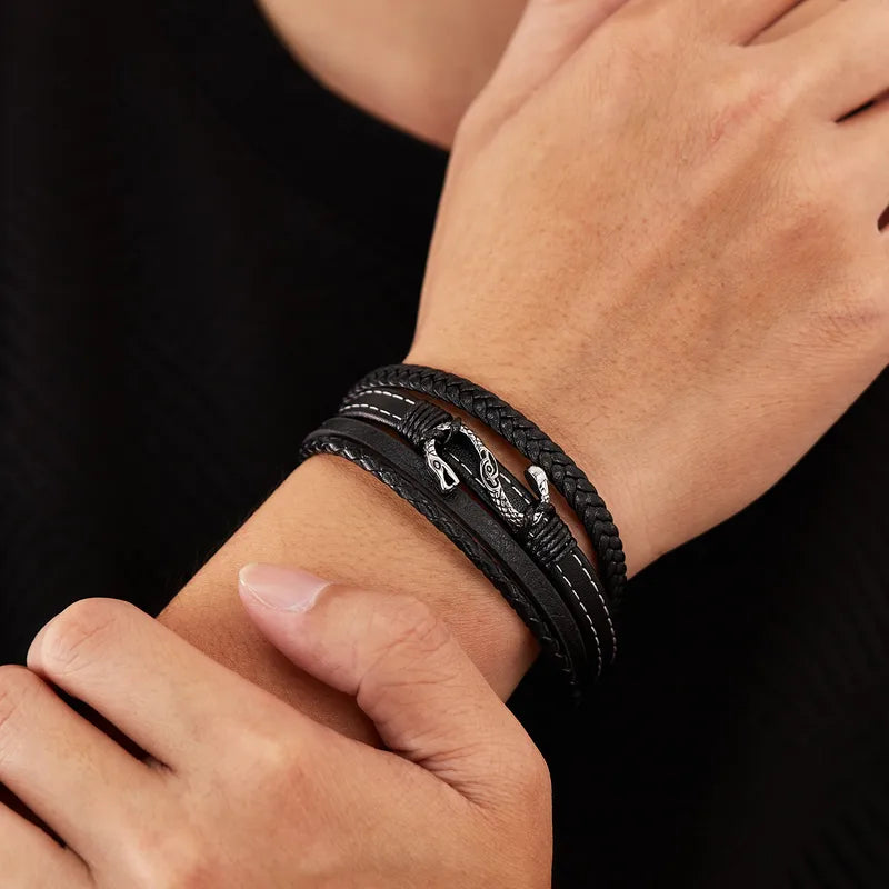 Multi-Layer Black Leather Snake Bracelet for Men – Magnetic Stainless Steel Clasp – 21cm