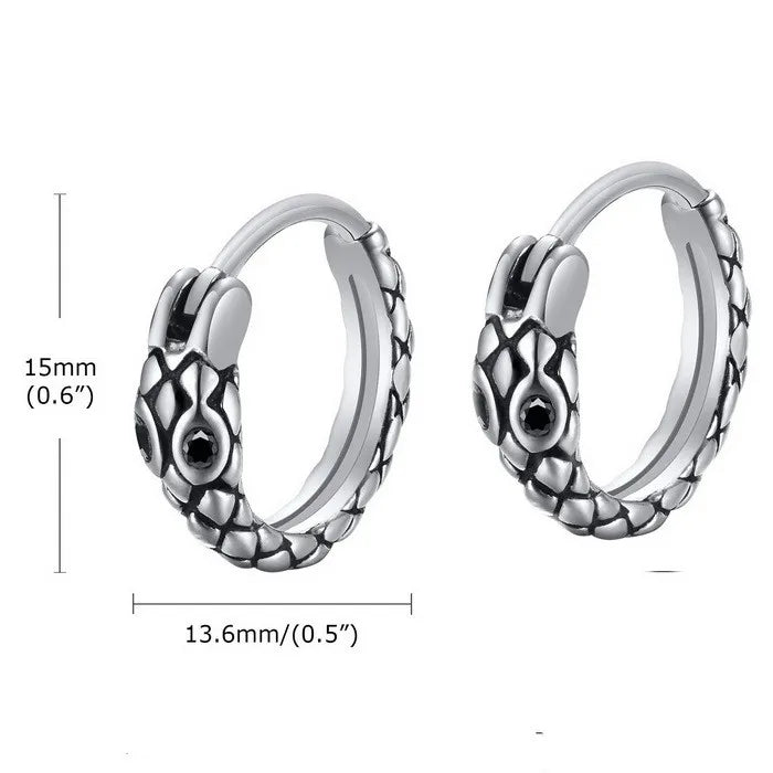 Men’s Snake Head Hoop Earrings – 15mm Titanium Steel | Gothic Animal Style