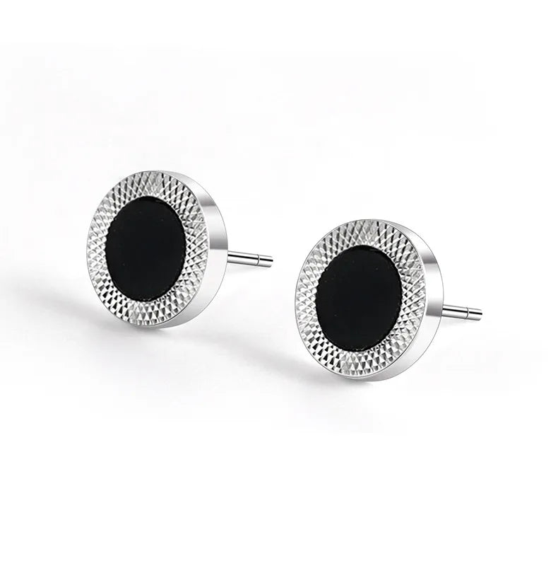 Black Inlay Round Stud Earrings – 925 Sterling Silver (1 Pair)