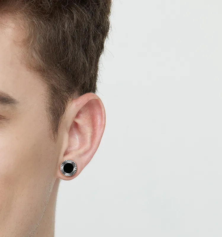 Black Inlay Round Stud Earrings – 925 Sterling Silver (1 Pair)