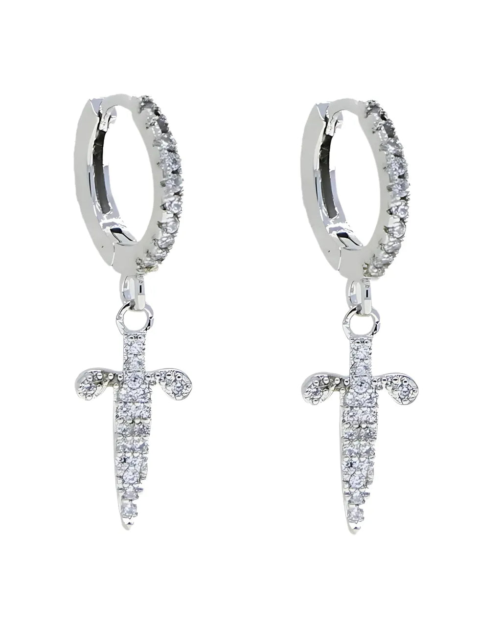 Silver Zircon Sword Drop Earrings – Hip-Hop Style, Copper Base (1 Pair)