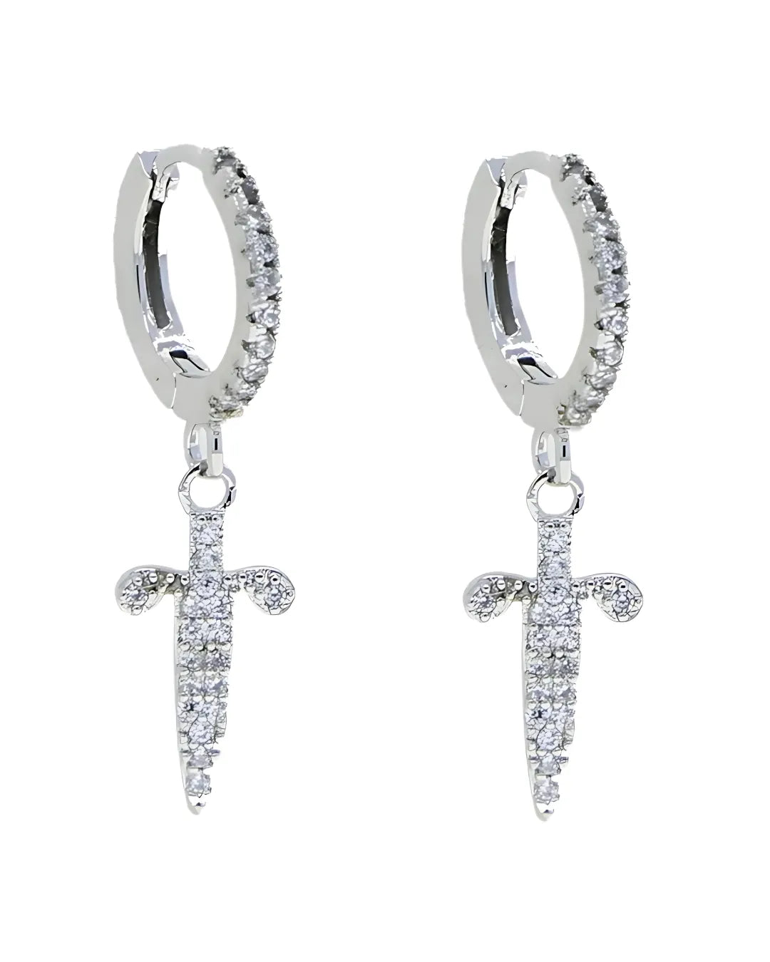 Silver Zircon Sword Drop Earrings – Hip-Hop Style, Copper Base (1 Pair)