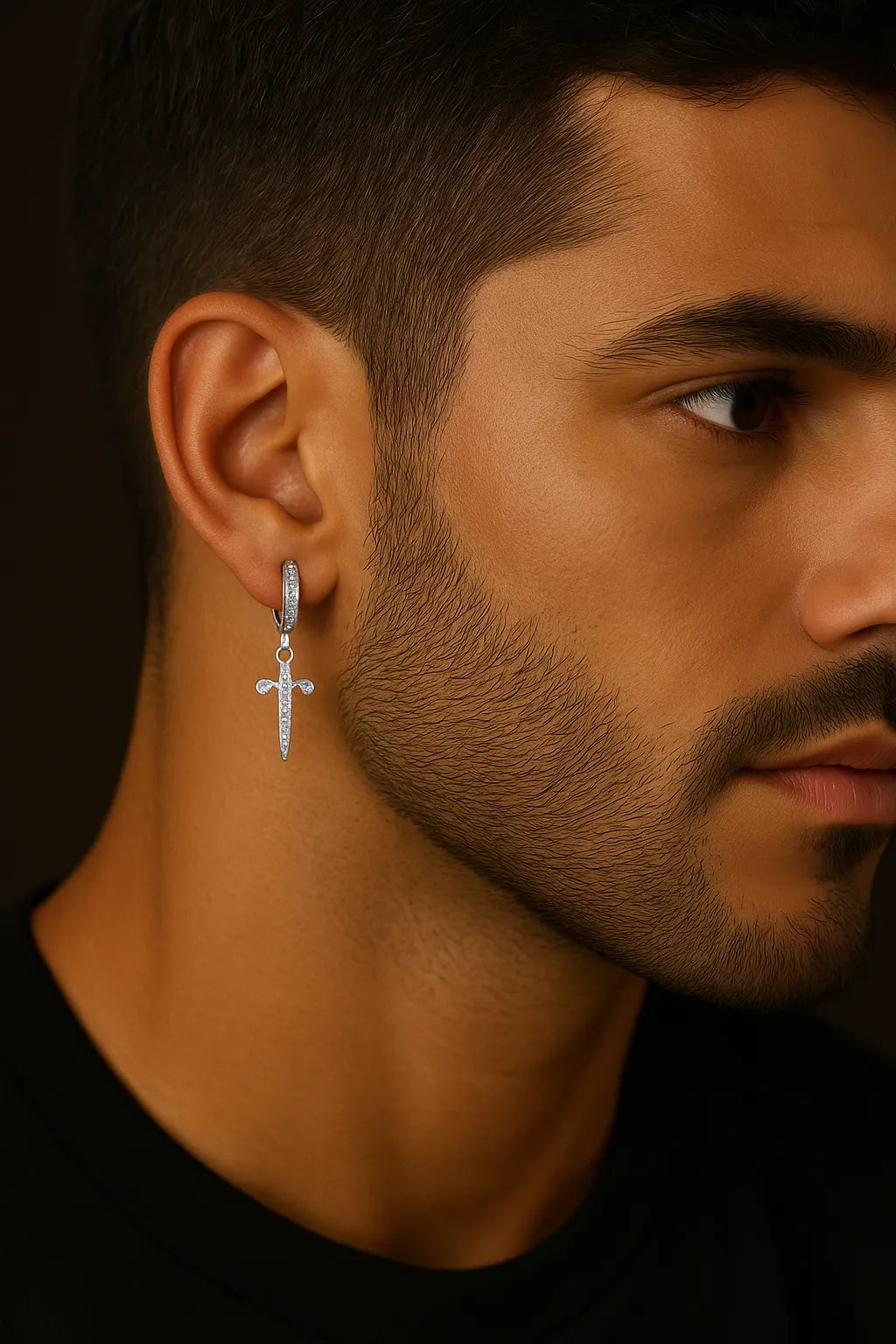 Silver Zircon Sword Drop Earrings – Hip-Hop Style, Copper Base (1 Pair)