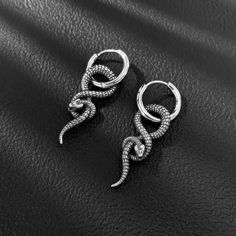 Vintage Snake Hoop Earrings – 316 Stainless Steel (Pair, Hip-Hop Style)