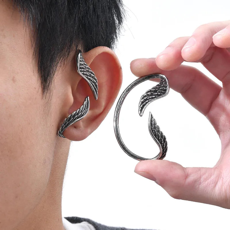 Gothic Wings Stainless Steel Ear Cuff – Adjustable Non-Pierced Earring for Men