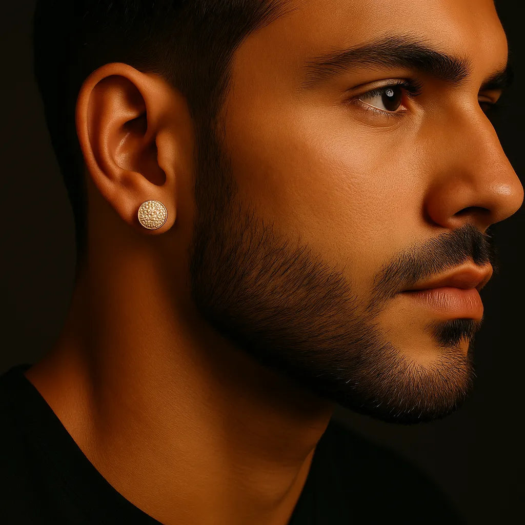Gold Hip-Hop Round Stud Earrings for Men – Iced Out CZ, 10mm, Copper Base