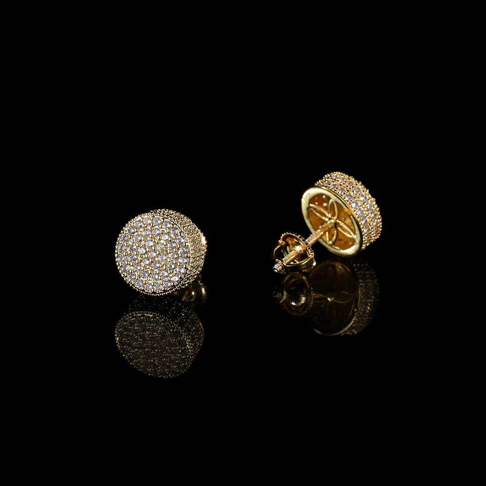 Gold Hip-Hop Round Stud Earrings for Men – Iced Out CZ, 10mm, Copper Base