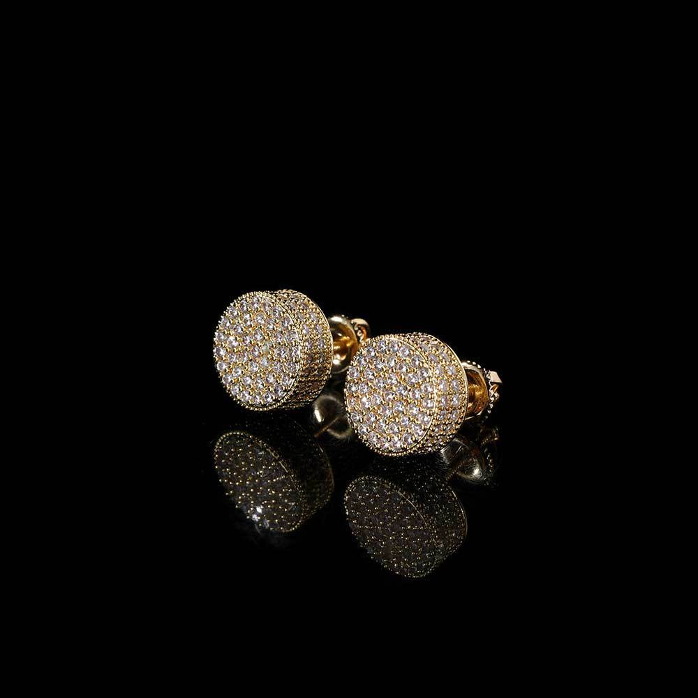 Gold Hip-Hop Round Stud Earrings for Men – Iced Out CZ, 10mm, Copper Base