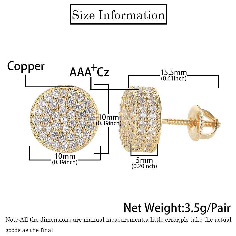 Gold Hip-Hop Round Stud Earrings for Men – Iced Out CZ, 10mm, Copper Base