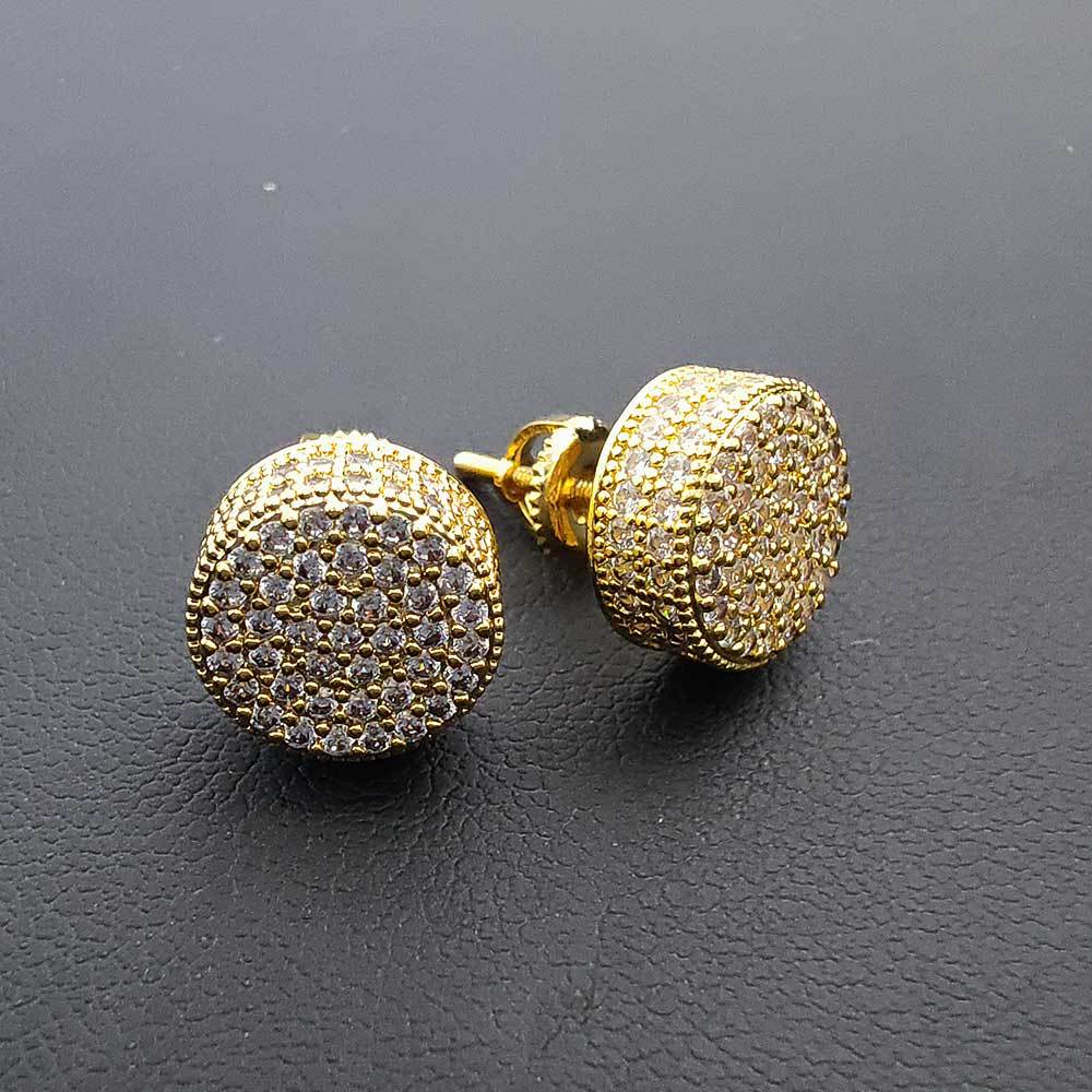 Gold Hip-Hop Round Stud Earrings for Men – Iced Out CZ, 10mm, Copper Base
