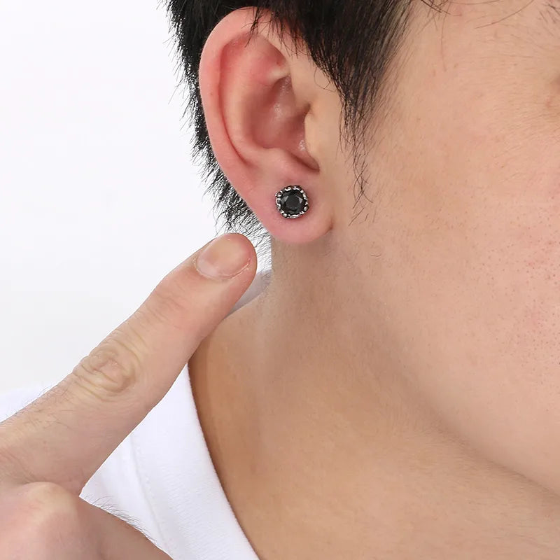 Men's Vintage Black Rhinestone Stud Earrings – 8mm Stainless Steel Round Studs