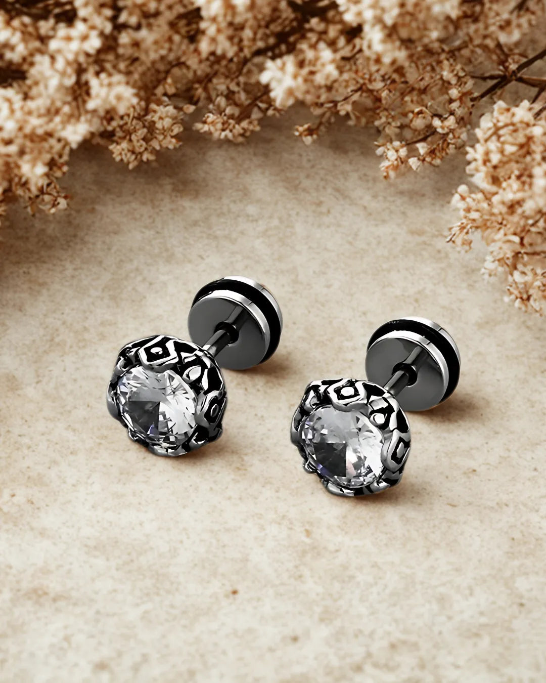 Men's Vintage Clear Rhinestone Stud Earrings – 8mm Stainless Steel Silver Round Studs