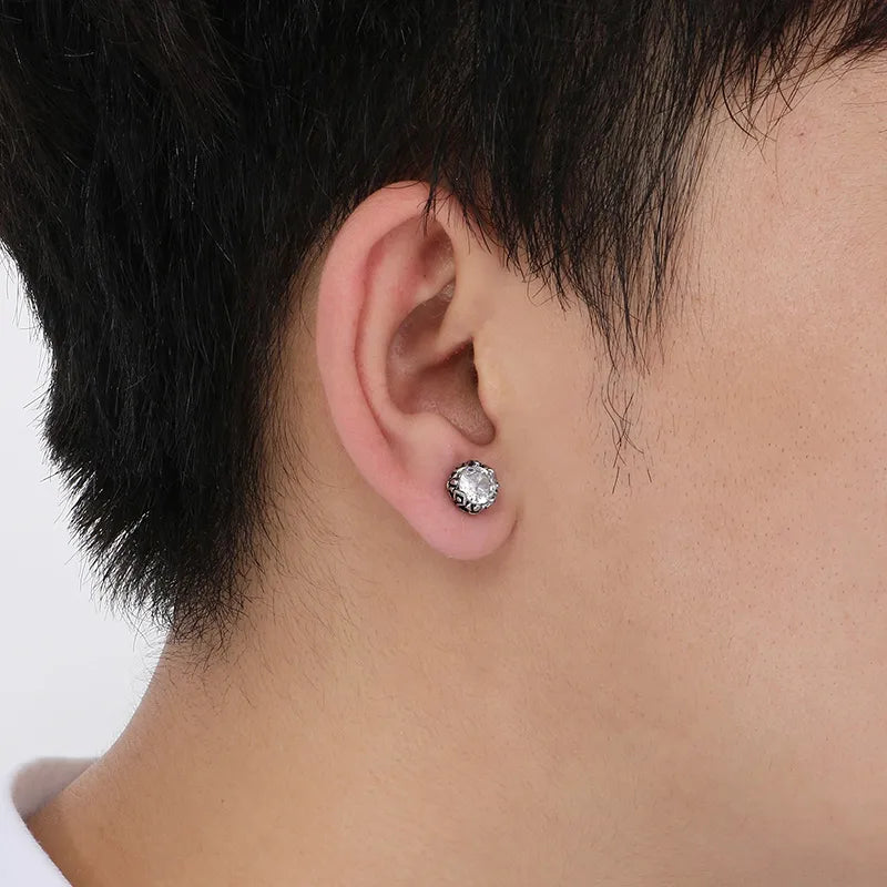Men's Vintage Clear Rhinestone Stud Earrings – 8mm Stainless Steel Silver Round Studs