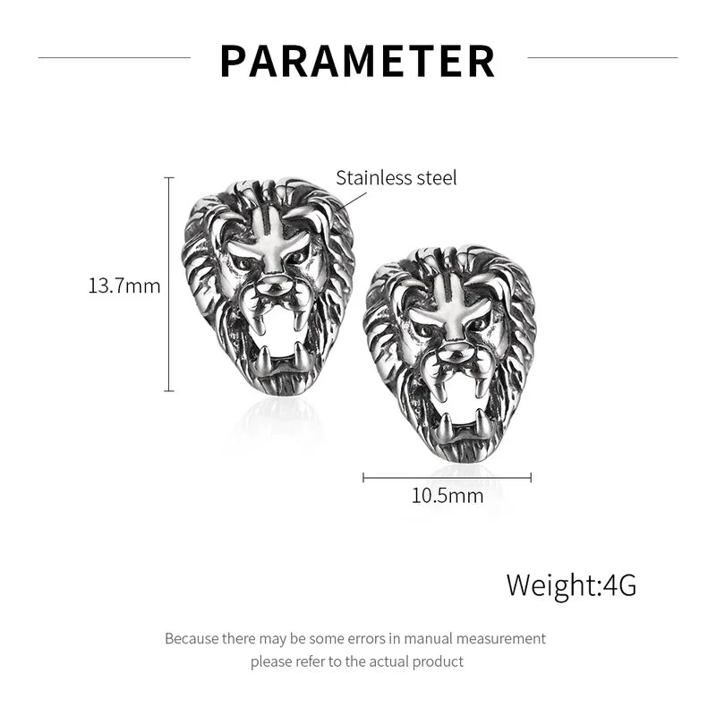 Men's Retro Lion Head Stud Earrings – 304 Stainless Steel, Bold Punk Design