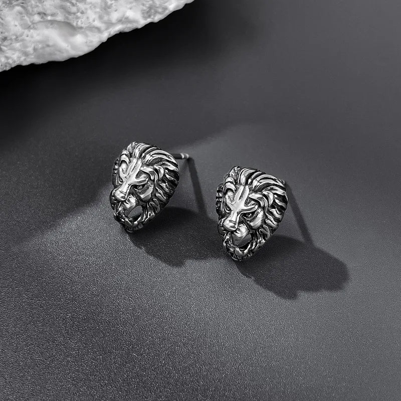 Men's Retro Lion Head Stud Earrings – 304 Stainless Steel, Bold Punk Design