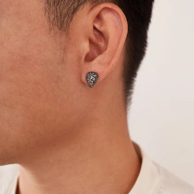 Men's Retro Lion Head Stud Earrings – 304 Stainless Steel, Bold Punk Design