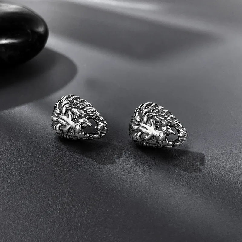Men's Retro Lion Head Stud Earrings – 304 Stainless Steel, Bold Punk Design