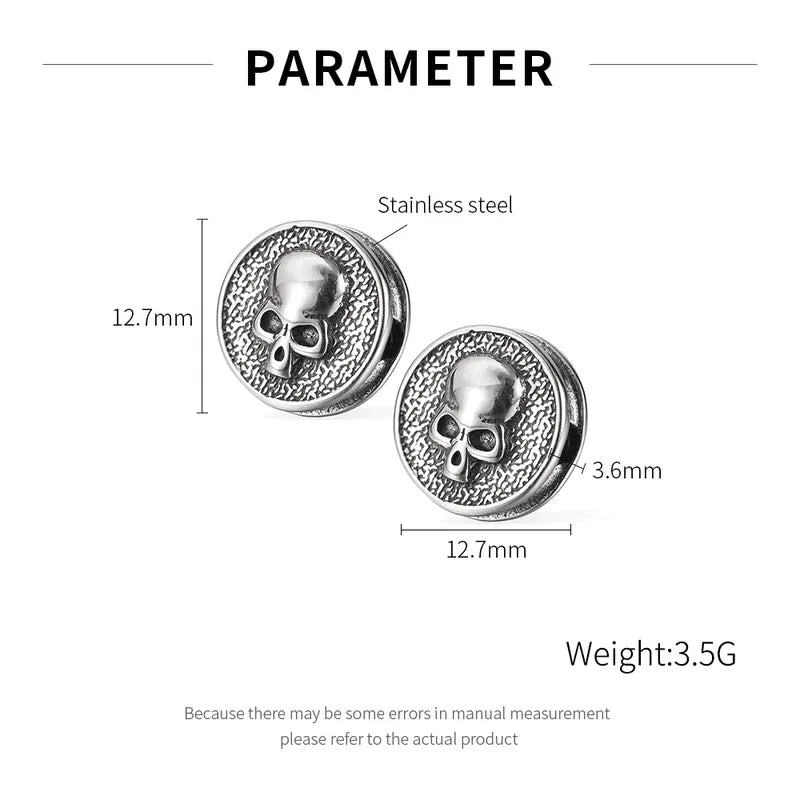 Vintage Skull Stud Earrings for Men – Punk Style Stainless Steel Round Earrings (12.7mm)