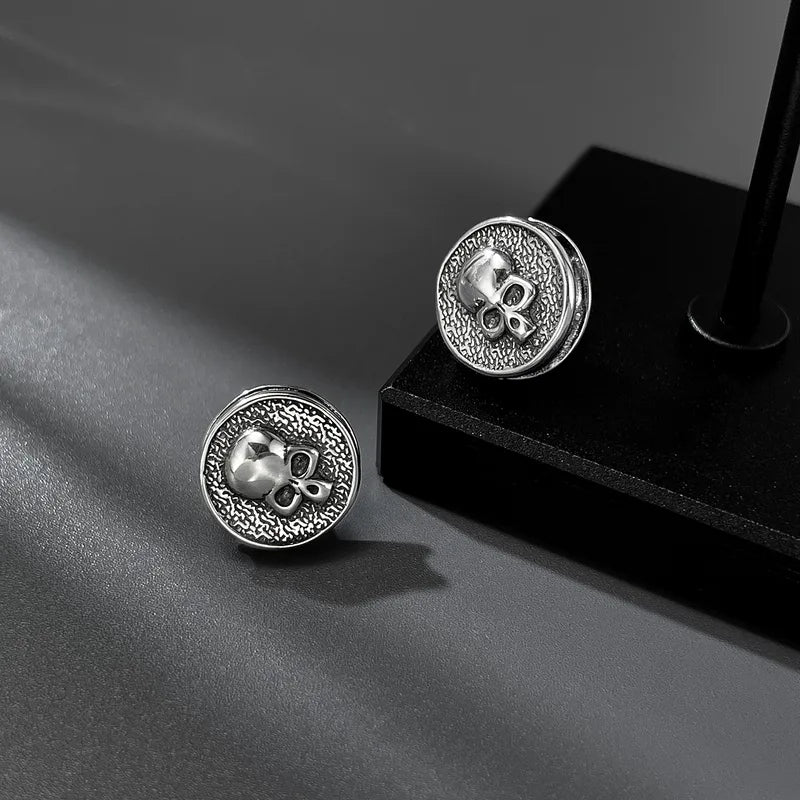 Vintage Skull Stud Earrings for Men – Punk Style Stainless Steel Round Earrings (12.7mm)