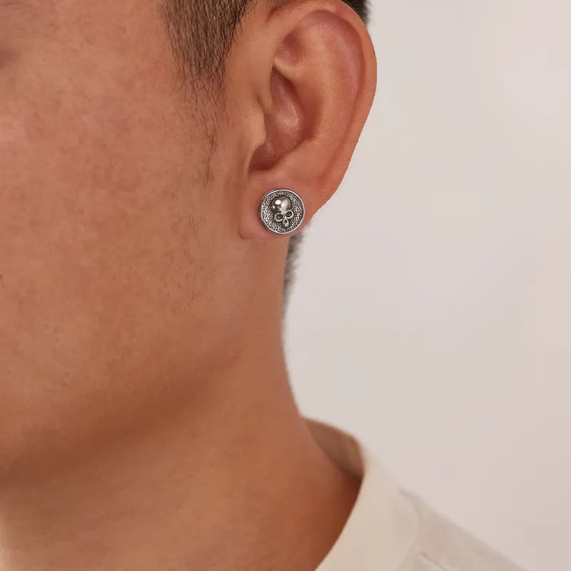 Vintage Skull Stud Earrings for Men – Punk Style Stainless Steel Round Earrings (12.7mm)