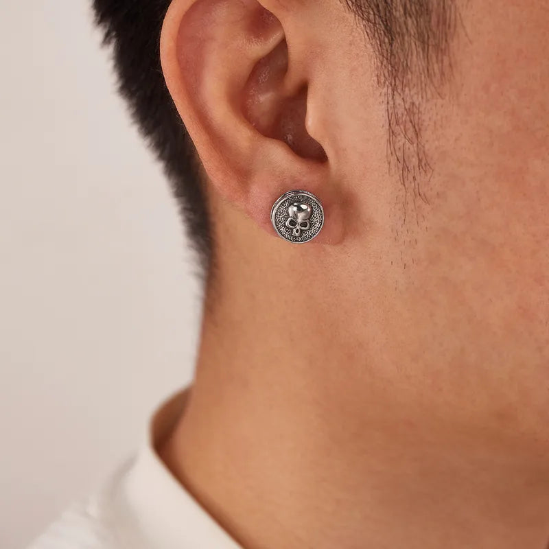 Vintage Skull Stud Earrings for Men – Punk Style Stainless Steel Round Earrings (12.7mm)