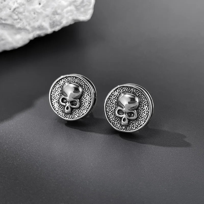 Vintage Skull Stud Earrings for Men – Punk Style Stainless Steel Round Earrings (12.7mm)