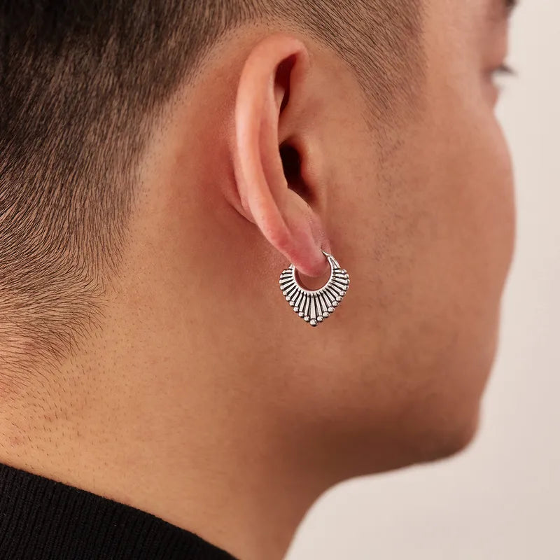 Vintage Tribal Stainless Steel Hoop Earrings for Men – Bold Retro Heart-Shaped Design