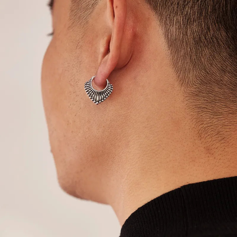 Vintage Tribal Stainless Steel Hoop Earrings for Men – Bold Retro Heart-Shaped Design