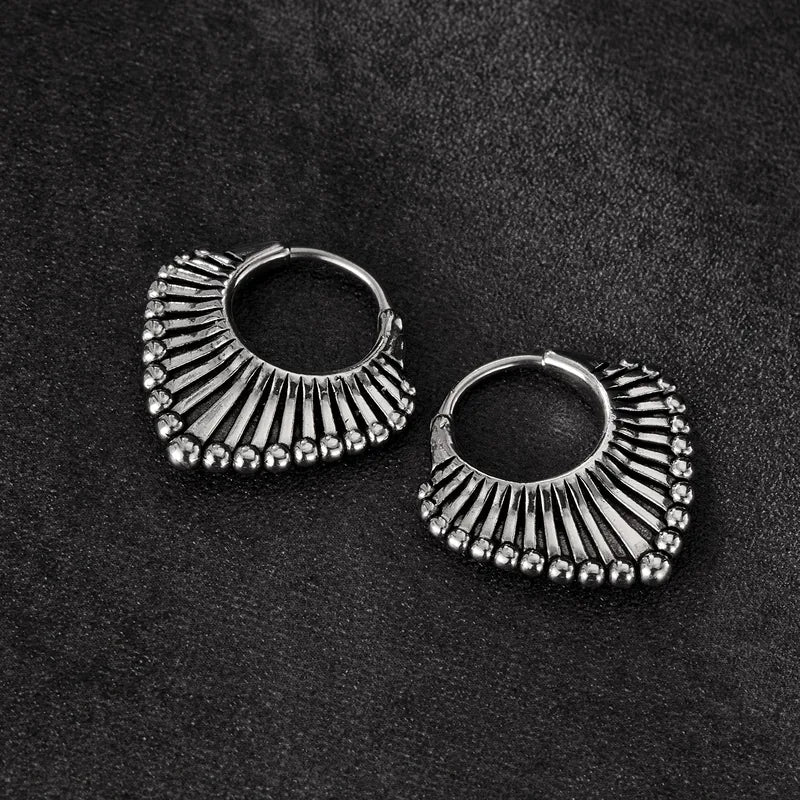 Vintage Tribal Stainless Steel Hoop Earrings for Men – Bold Retro Heart-Shaped Design
