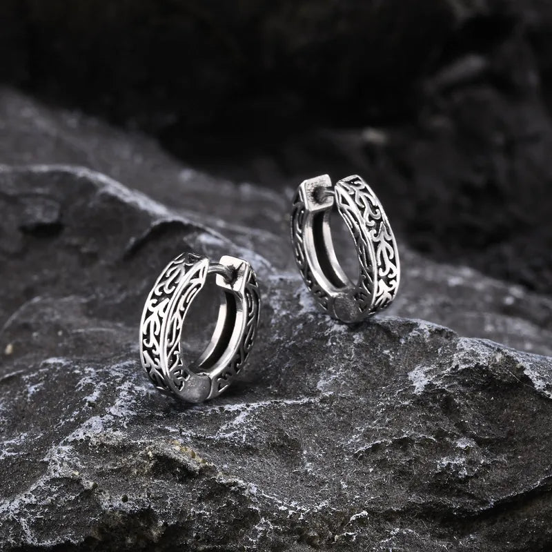 Retro Punk Monogram Stamping 201 Stainless Steel Hoop Earrings – Vintage Tribal Pattern – 15.7mm
