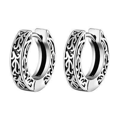 Retro Punk Monogram Stamping 201 Stainless Steel Hoop Earrings – Vintage Tribal Pattern – 15.7mm