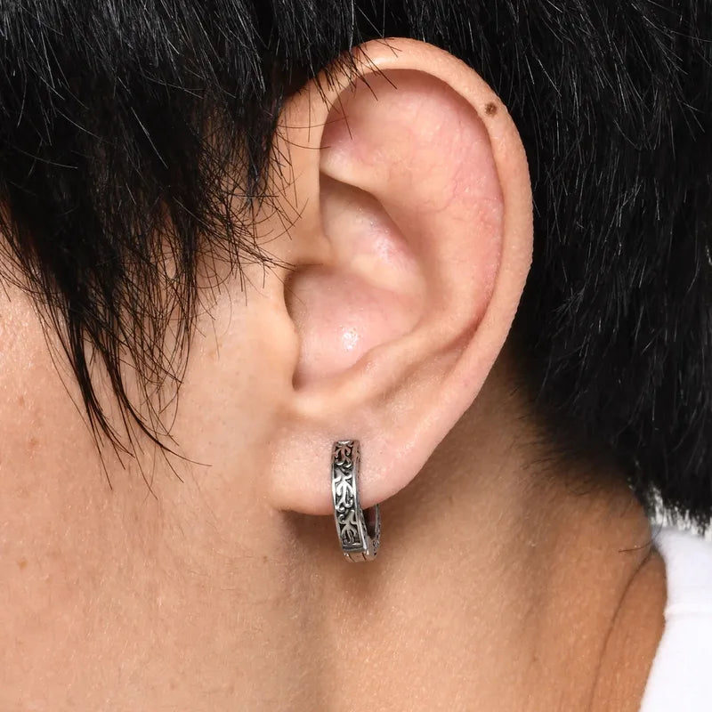 Retro Punk Monogram Stamping 201 Stainless Steel Hoop Earrings – Vintage Tribal Pattern – 15.7mm