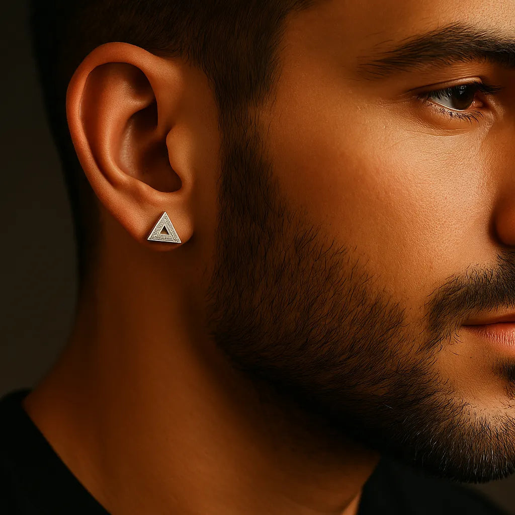 Men's Triangle Stud Earrings – White Zircon, Geometric Design