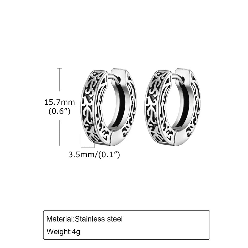 Retro Punk Monogram Stamping 201 Stainless Steel Hoop Earrings – Vintage Tribal Pattern – 15.7mm