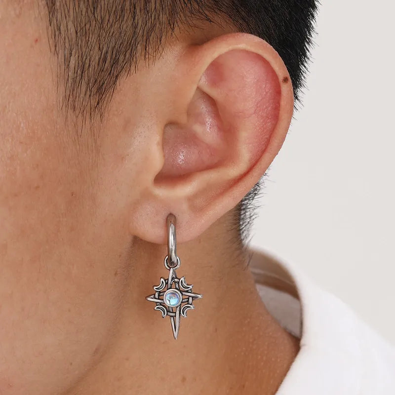 Moonstone Crescent Star Stainless Steel Drop Earrings for Men – Retro Gothic Design