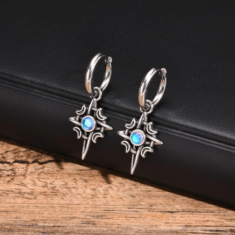 Moonstone Crescent Star Stainless Steel Drop Earrings for Men – Retro Gothic Design