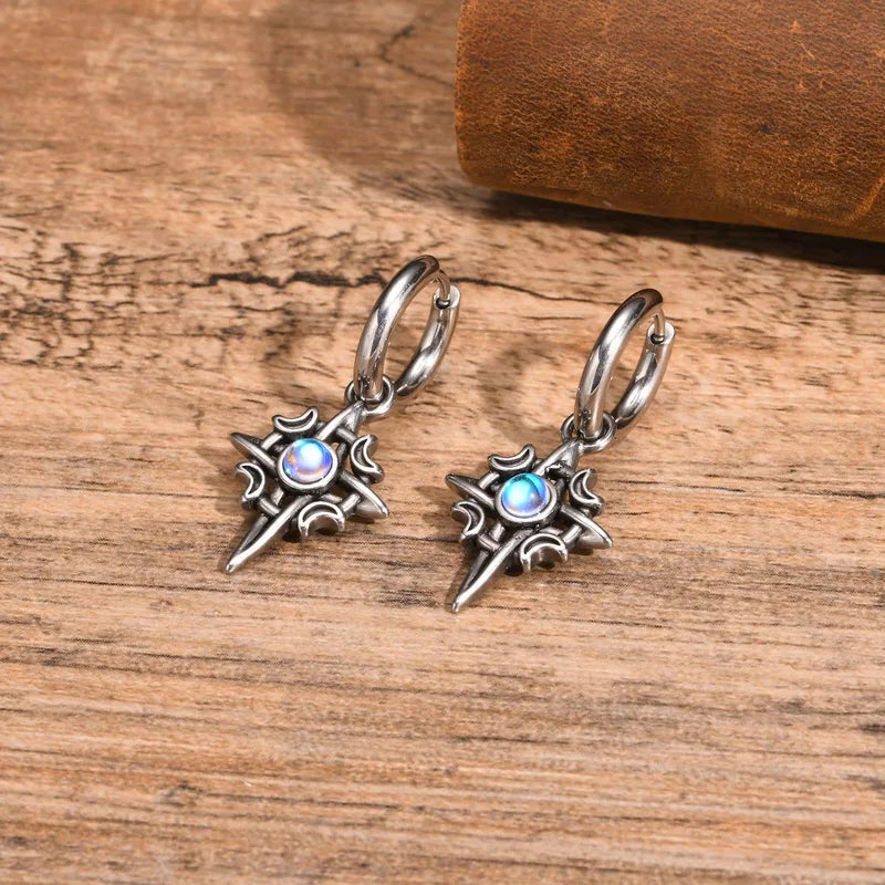 Moonstone Crescent Star Stainless Steel Drop Earrings for Men – Retro Gothic Design