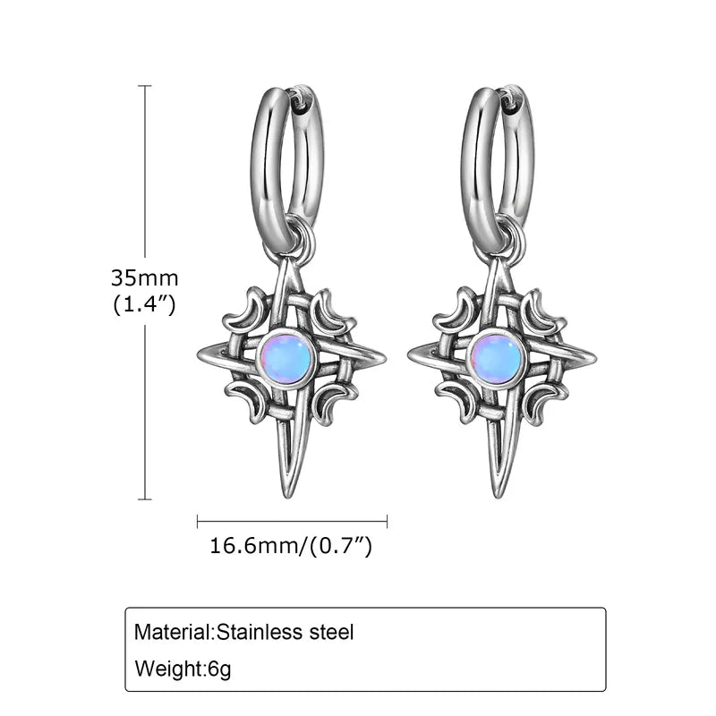 Moonstone Crescent Star Stainless Steel Drop Earrings for Men – Retro Gothic Design