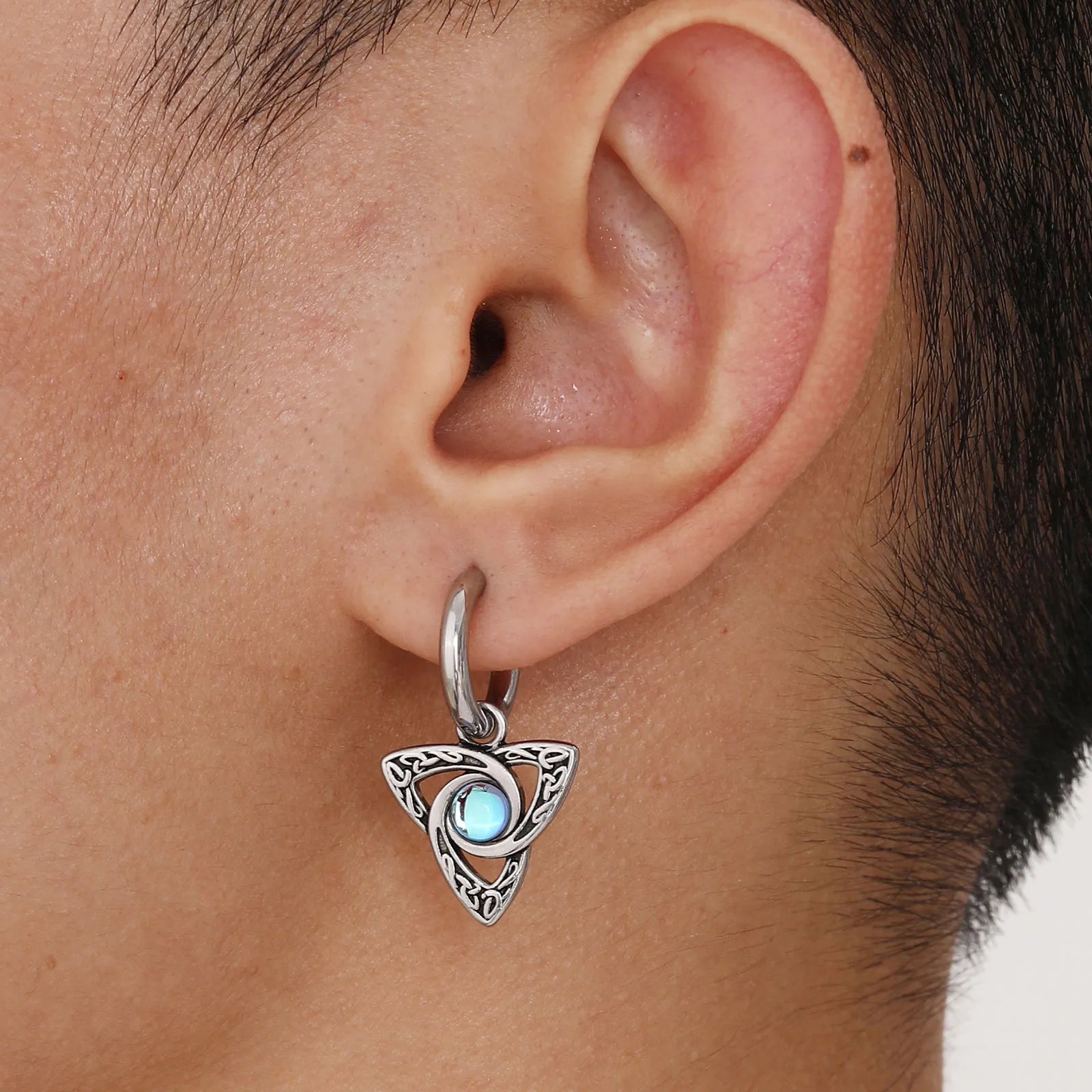 Retro Punk Celtic Moonstone Stainless Steel Drop Earrings for Men – Vintage Triangle Knot Design